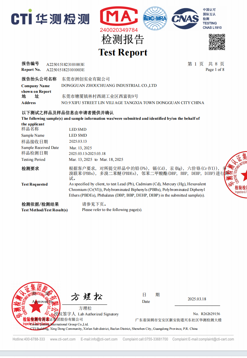 洲創(chuàng)實業(yè)-貼片LED燈珠檢測報告
