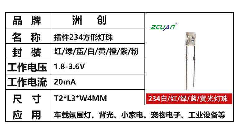“234白光，234插件燈珠，方形燈珠，背光燈珠”/
