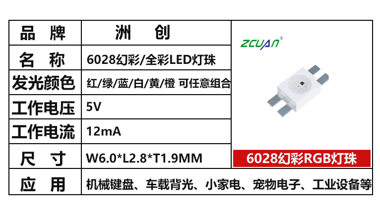 “6028幻彩，全彩led燈珠，紅綠藍黃白橙可任意組合，機械鍵盤幻彩燈珠”/