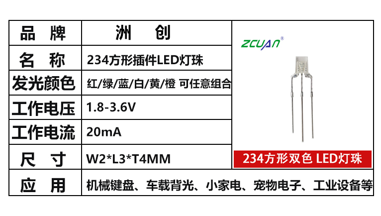 “234方形插件led燈珠，發(fā)光顏色，工作電壓”/
