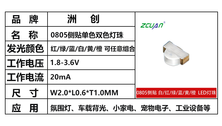 “0805側貼單色雙色燈珠，0805雙色燈珠，0805燈質尺寸”/